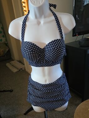 Navy & White Polka Dot Halter Retro Bikini Set